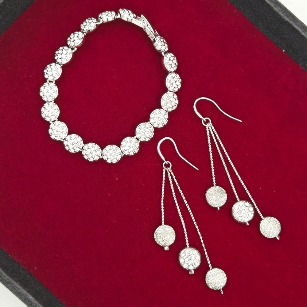 Silver Tone Crystal Pave Circle Link Bracelet and Triple Drop Earring Set